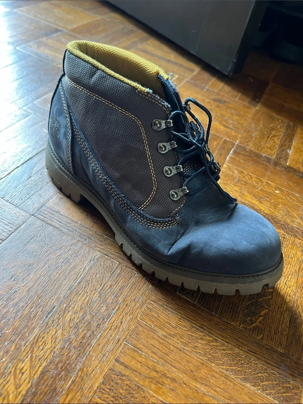 Timberland Navy Work Boot with Yellow Collar